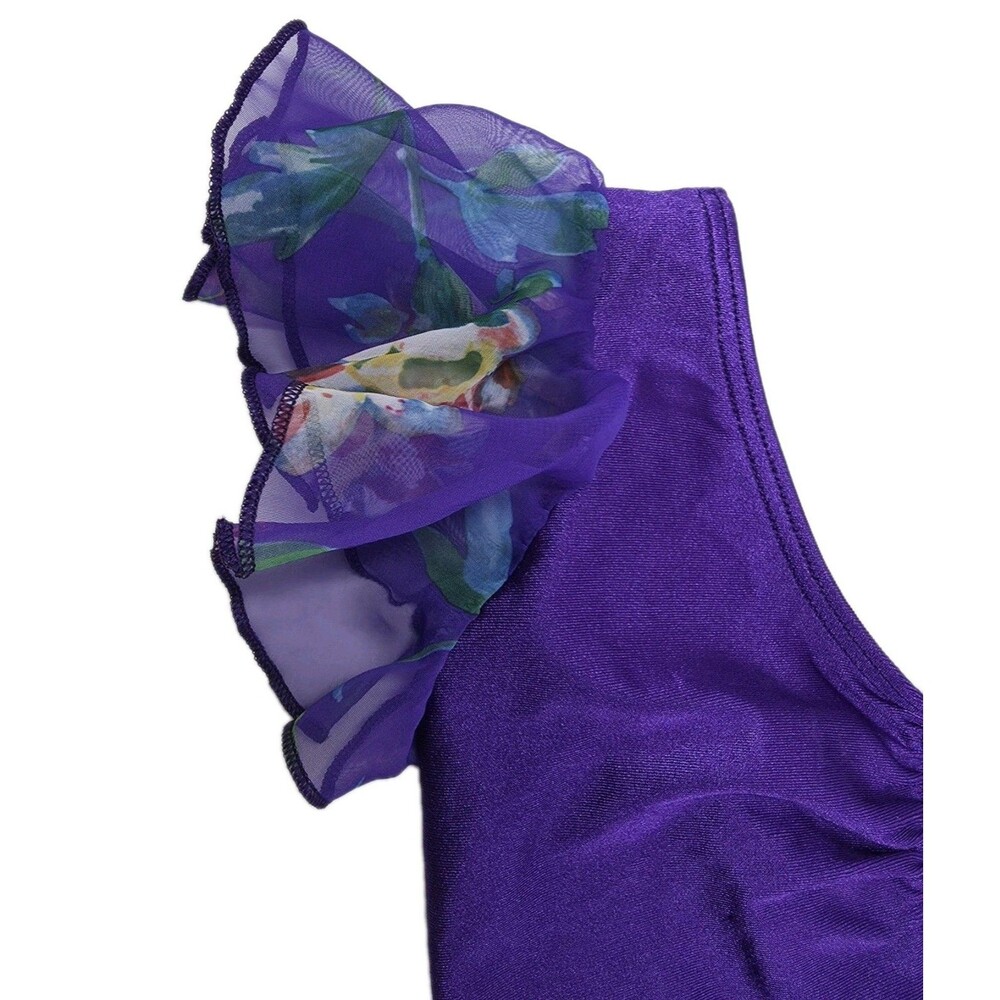 Body Wrappers VTG Royal Purple Chiffon Ruffle Lycra Unitard Biketard Kids 12/14 - Picture 4 of 12